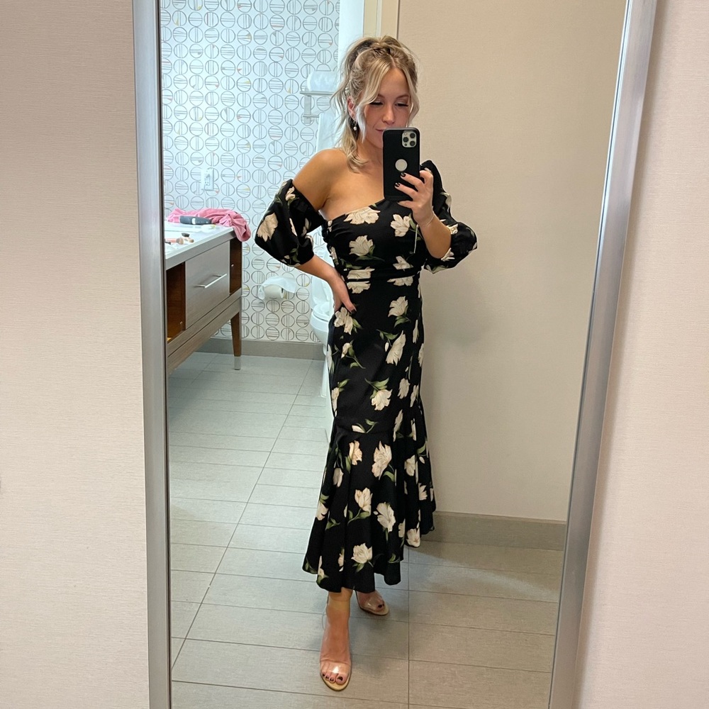 Florally in Love Black Floral Print Asymmetrical Midi Dress